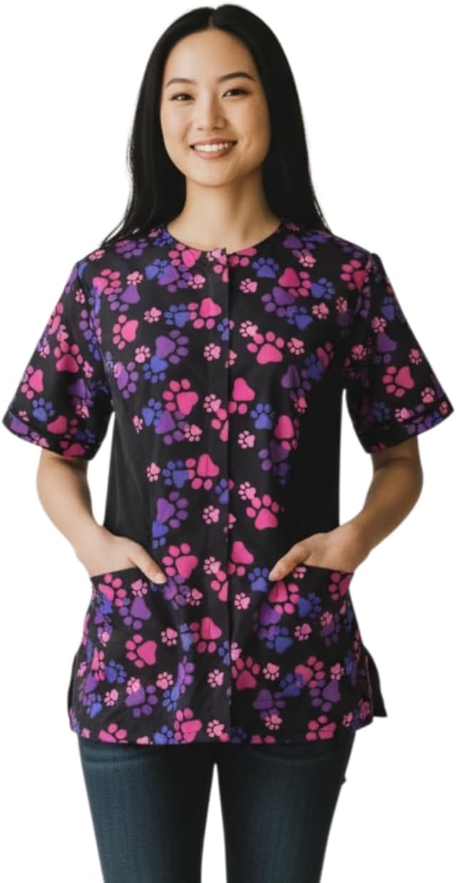 Ladybird Line 725(Large) Pink and Purple Paw Print Waterproof Dog Grooming Smock, Hair and Bleach Resistant with Covered Zipper Panel, Solid Black Back, and Back Tie Belt - Ideal for Pet Groomers 