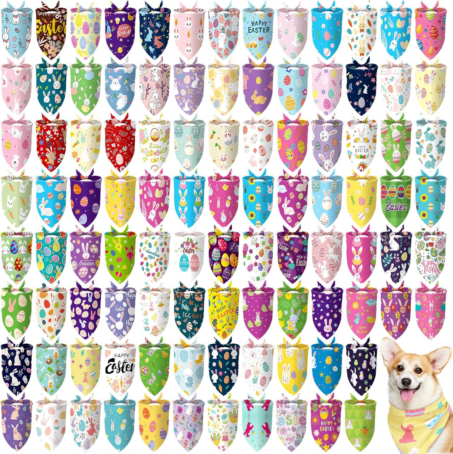 100 Pcs Easter Dog Bandanas Bulk Pet Bibs Colorful Triangle Scarf Pet Bandanas for Medium Large Dogs Easter Festiva