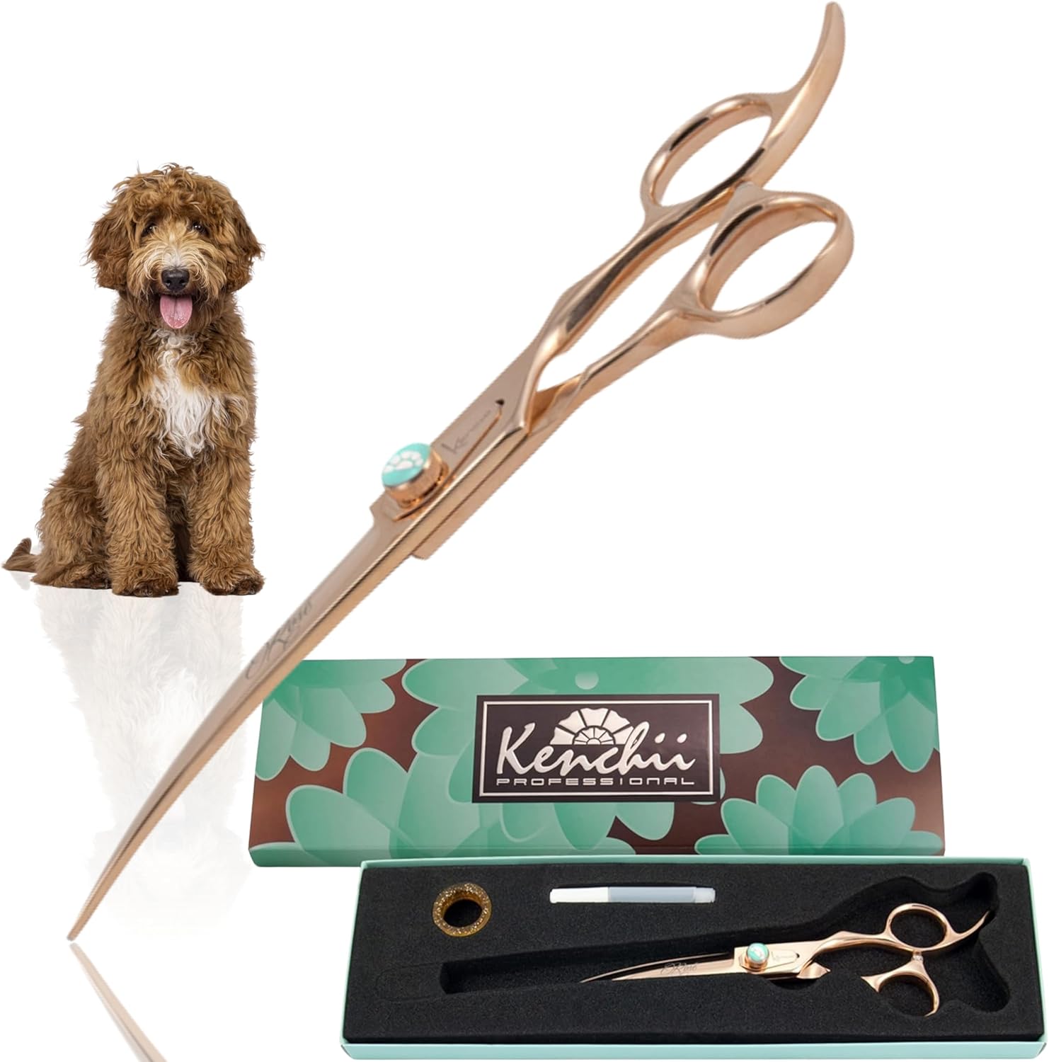 Kenchii Rose Dog Grooming Scissors, 7 Inch Curved Shears, Dog Scissors for Grooming