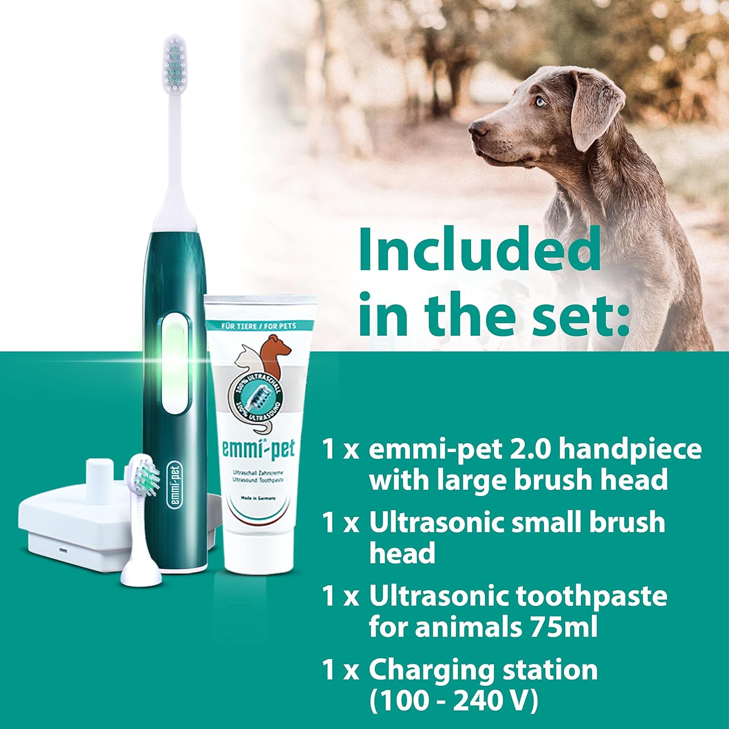 Emmi®-pet 2.0 PRO+ Oral & Skin Care Set Electric Toothbrush Set for Pets. Patented 100% ultrasonic no Brushing Technology deep-Cleans - for Healthier Teeth & Gums & Fresher Breath.