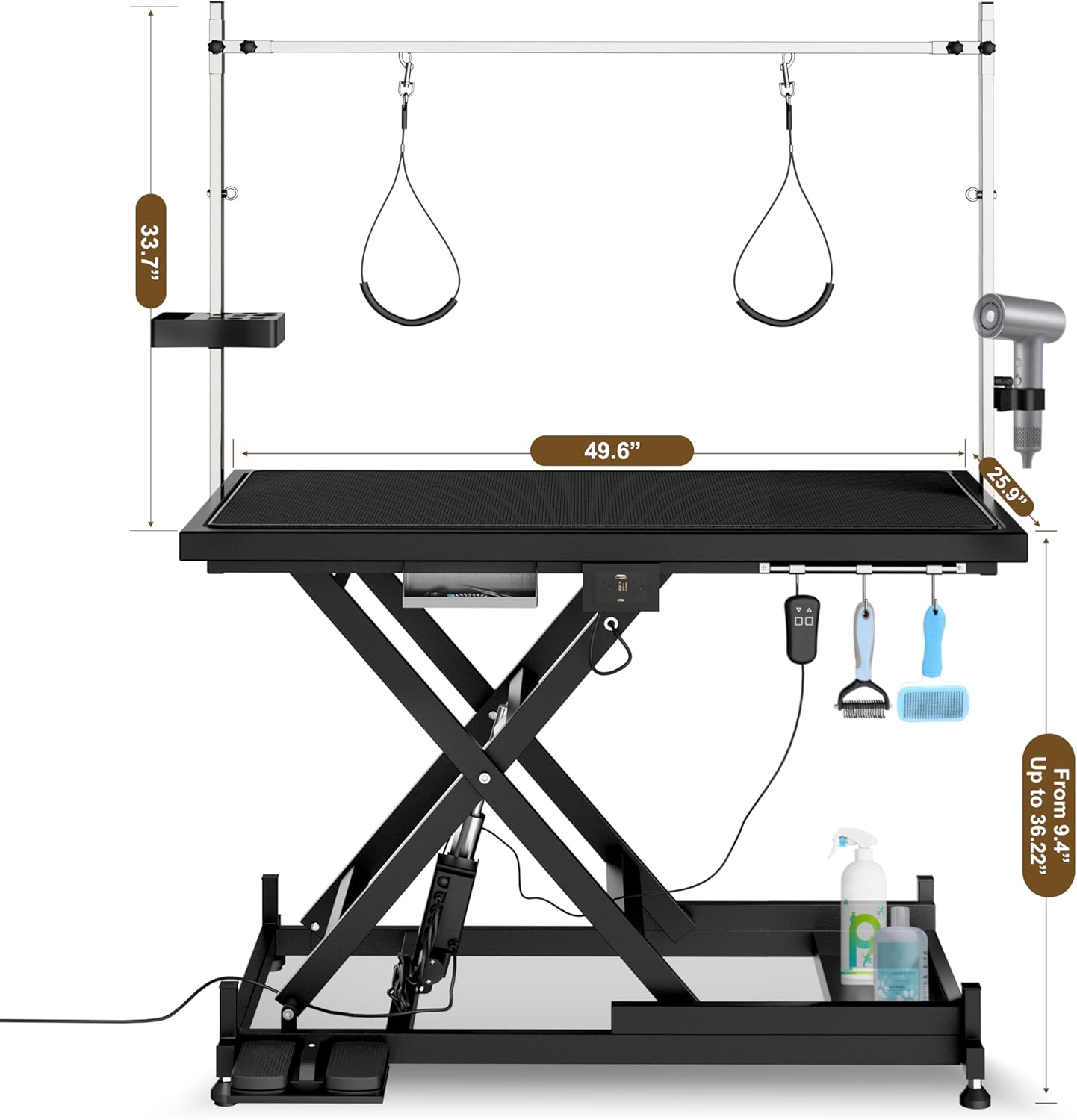 Electric Pet Grooming Table Super Deluxe 50'' Heavy Duty Professional for Large Dogs with Overhead Arm, Anti-Skid Rubber Desktop Powerful Motor and Adjustable Height, Black