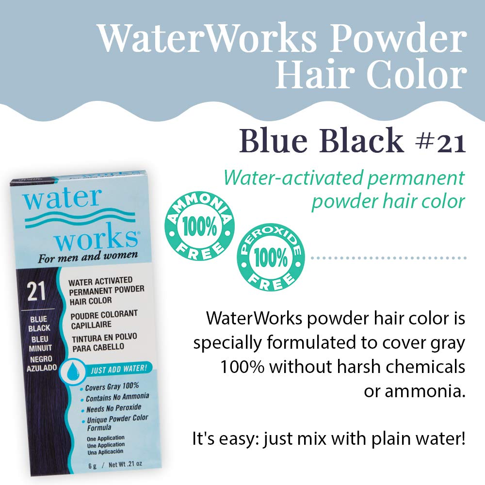 Water Works Hair Color Powder, Blue Black – Permanent Hair Dye for Root Touch-Up & Full Coverage, 3 Pack