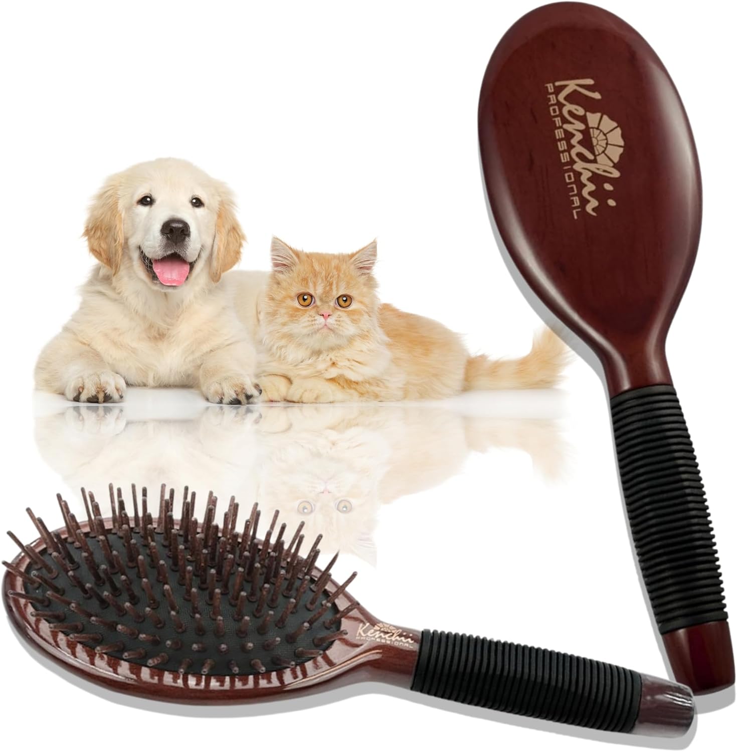 Kenchii Pet Grooming Wooden Pin Brush for Dogs And Cats - Solid Wood, Non Slip Grip Detangling and Shedding Brush for Long or Short Haired Pets