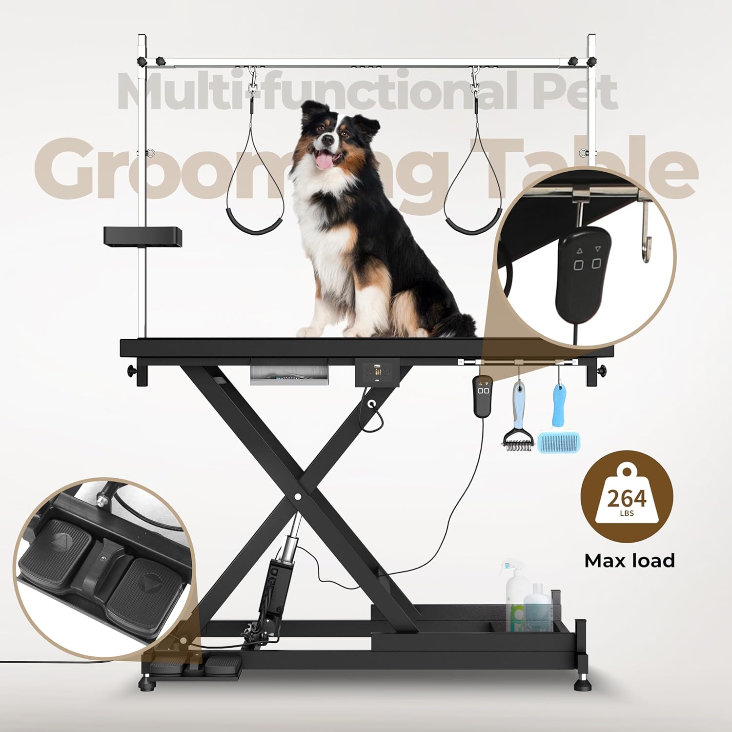 Electric Pet Grooming Table Super Deluxe 50'' Heavy Duty Professional for Large Dogs with Overhead Arm, Anti-Skid Rubber Desktop Powerful Motor and Adjustable Height, Black