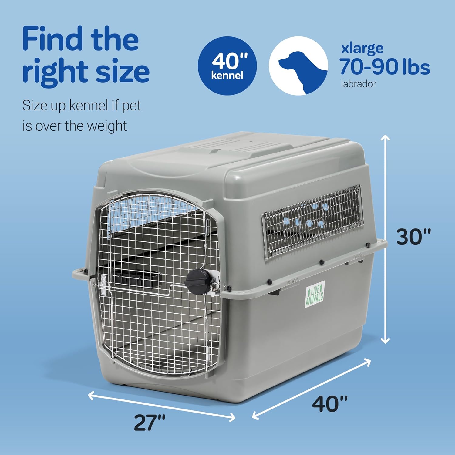 Petmate Sky Kennel - For Air and Travel, Airline Compliant Dog Crate for Pets up 70-90 lbs, Heavy Duty Dog Kennel, Made in the USA- 40 Inches