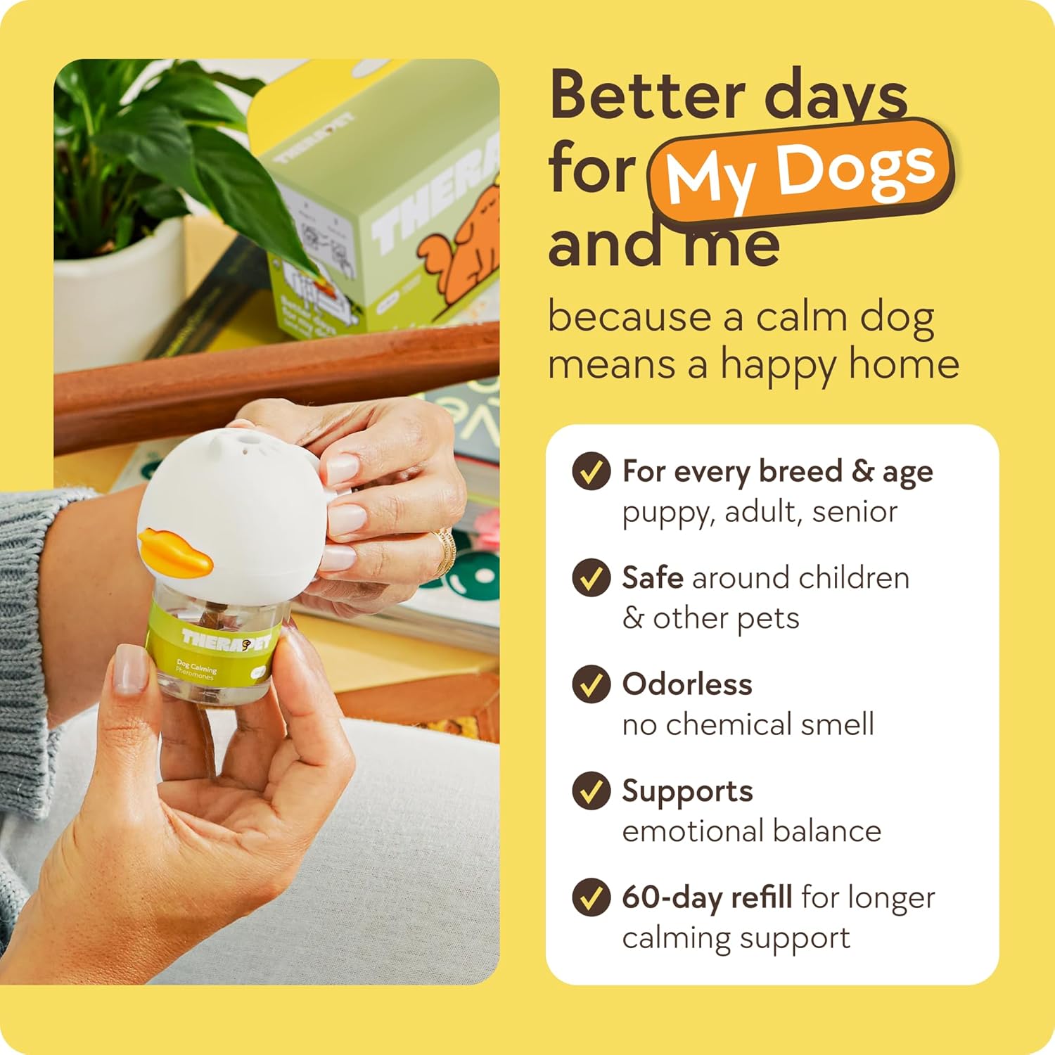TherapetMD Dog Calming Diffuser - for Stress, Destructive Behavior, Pee Accidents, Separation Anxiety, Barking, Aggression & Chewing - 2 count Refill Included 30-Day each