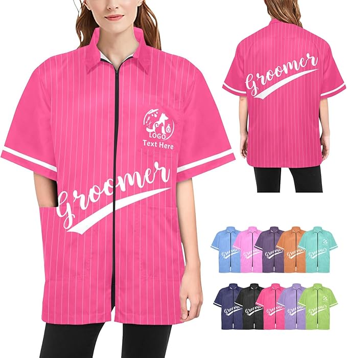 COWCUTE Custom Logo Pet Grooming Workwear, Personalized Pet Beautician Work Clothes, Groomer Smock Jacket for Pet Salon