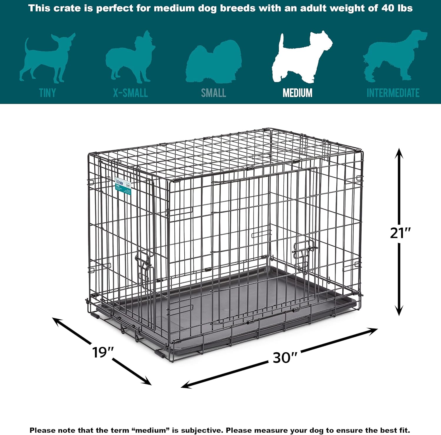 Midwest Homes for Pets 30-Inch Crate for Medium Breeds, 21-40 lbs, Double Door Folding Dog Crate with Divider Panel