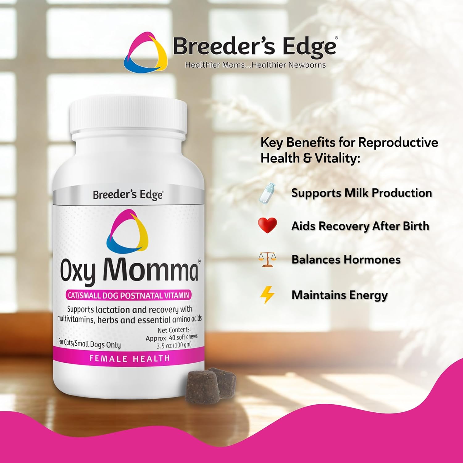 Breeder's Edge Oxy Momma Soft Chews, Postnatal Vitamin Supplement for Lactating Dogs and Cats, Supports Recovery, Hormones, and Next Pregnancy - for Small Dogs & Cats, 40ct Soft Chews