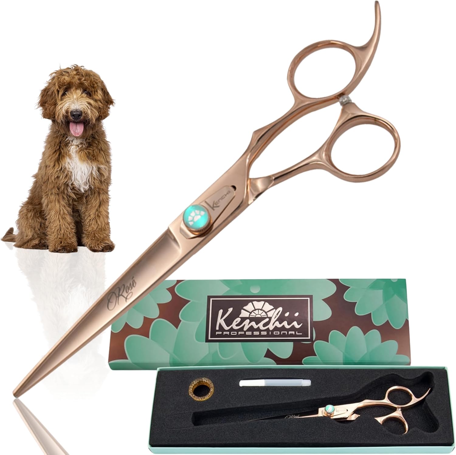 Kenchii Rose Dog Grooming Scissors, 7 Inch Straight Shears, Dog Scissors for Grooming