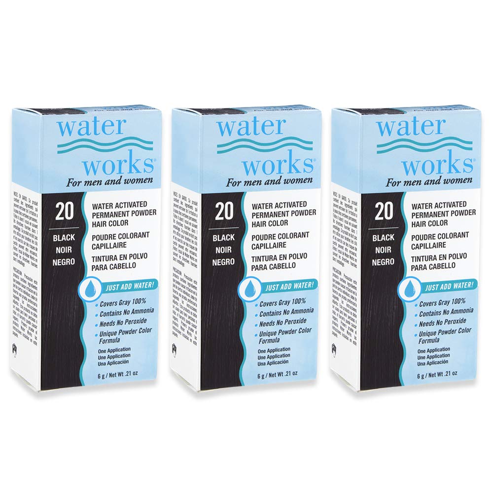 Water Works Hair Color Powder, Black – Permanent Hair Dye for Root Touch-Up & Full Coverage, 3 Pack