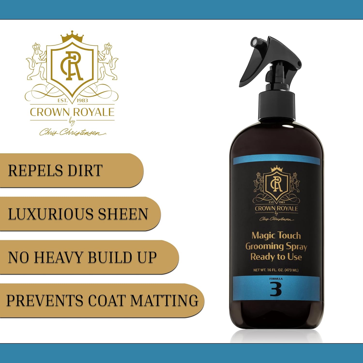 Crown Royale Magic Touch Formula 3 Pet Grooming Spray Ready-to-Use, No Heavy Build-Up, Finishing Spray, Prevents Coat Matting, Formulated with Conditioners, Made in USA, 16 oz