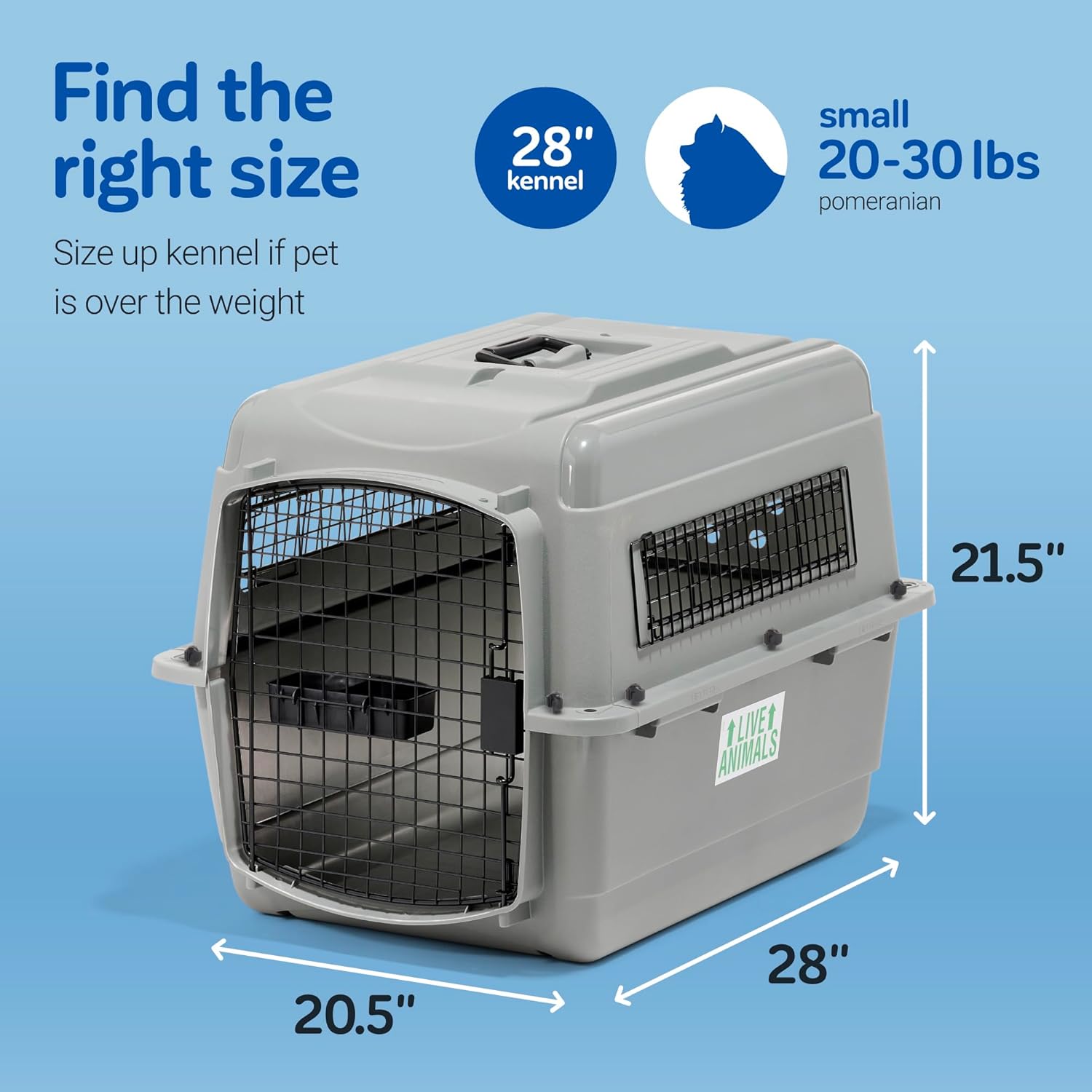 Petmate Sky Kennel - For Air and Travel, Airline Compliant Dog Crate for Pets up 15-30 lbs, Heavy Duty Dog Kennel, Made in the USA- 28 Inches