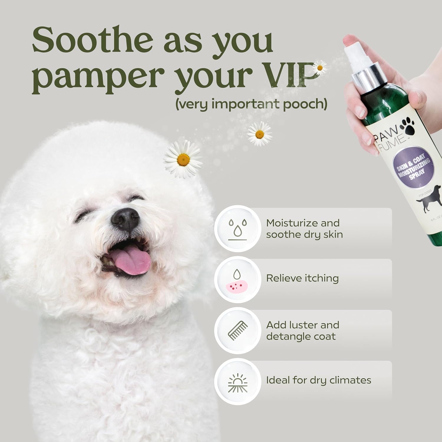 PAWFUME Skin & Coat Detangler Spray for Dogs, 1-Pack – Soothe Dry, Itchy Coats Quickly – Non-Toxic Chamomile & Oat Formula, Essential Fatty Acids & Vet-Certified – Dog Detangler Spray De-matting Care