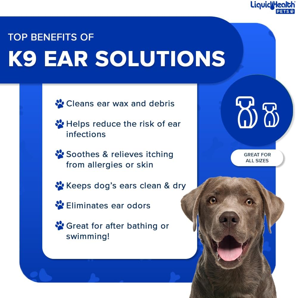 LIQUIDHEALTH Pets K9 Dog Ear Cleaner Wash Solutions - Infection Cleaning Hygiene Treatment Liquid Drops for Dogs