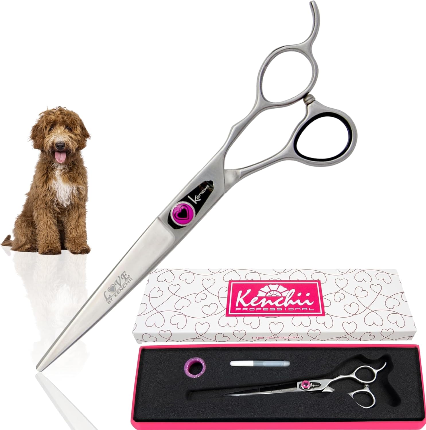 Kenchii Love Dog Grooming Scissors, 7 Inch Straight Shears, Dog Scissors for Grooming