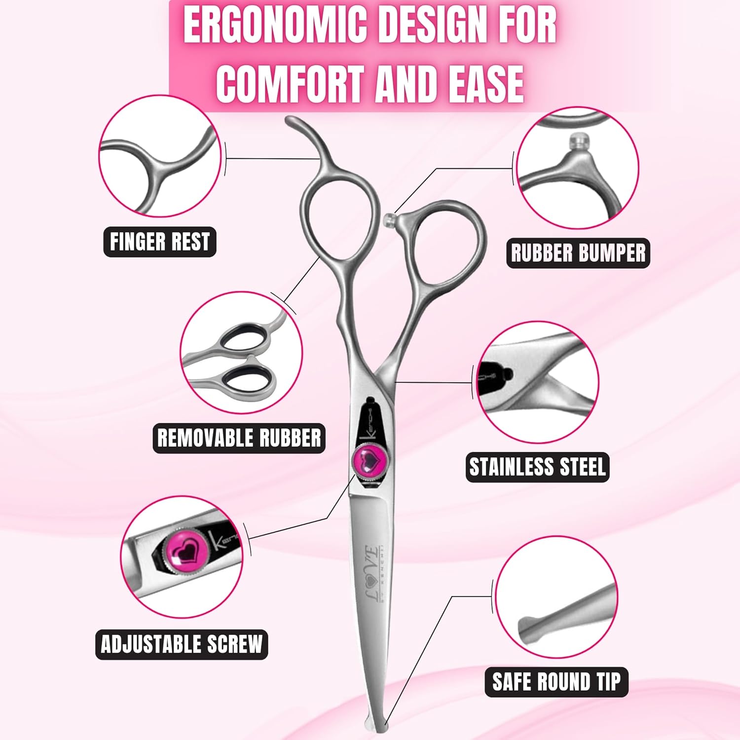 Kenchii Love Dog Grooming Scissors, 6.5 Inch Curved Ball tip Shears, Dog Scissors for Grooming