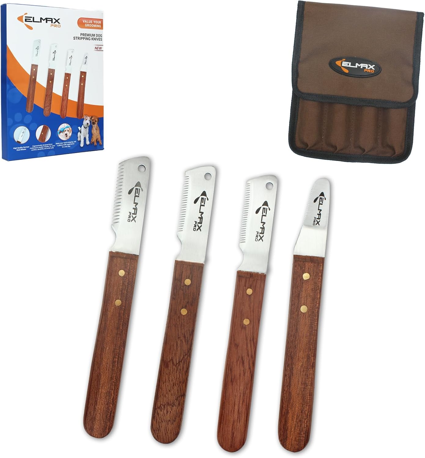 Professional Slant Tooth Stripping Knife for dogs (Pack of 4) Stainless Steel Blades & Rosewood Handle, Efficient Undercoat Removal right handed
