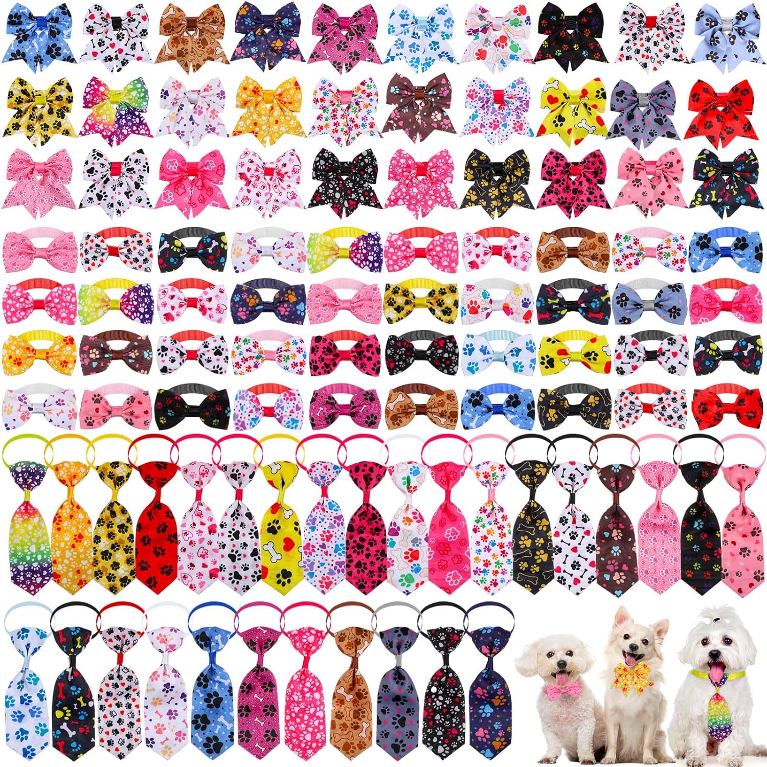 100 Pieces Dog Bow Tie Collar Set Include 40 Dog Neckties, and 30 Puppy Bowties, 30 Collar Flowers, Adjustable Pet Ties Grooming for Small Medium Pets