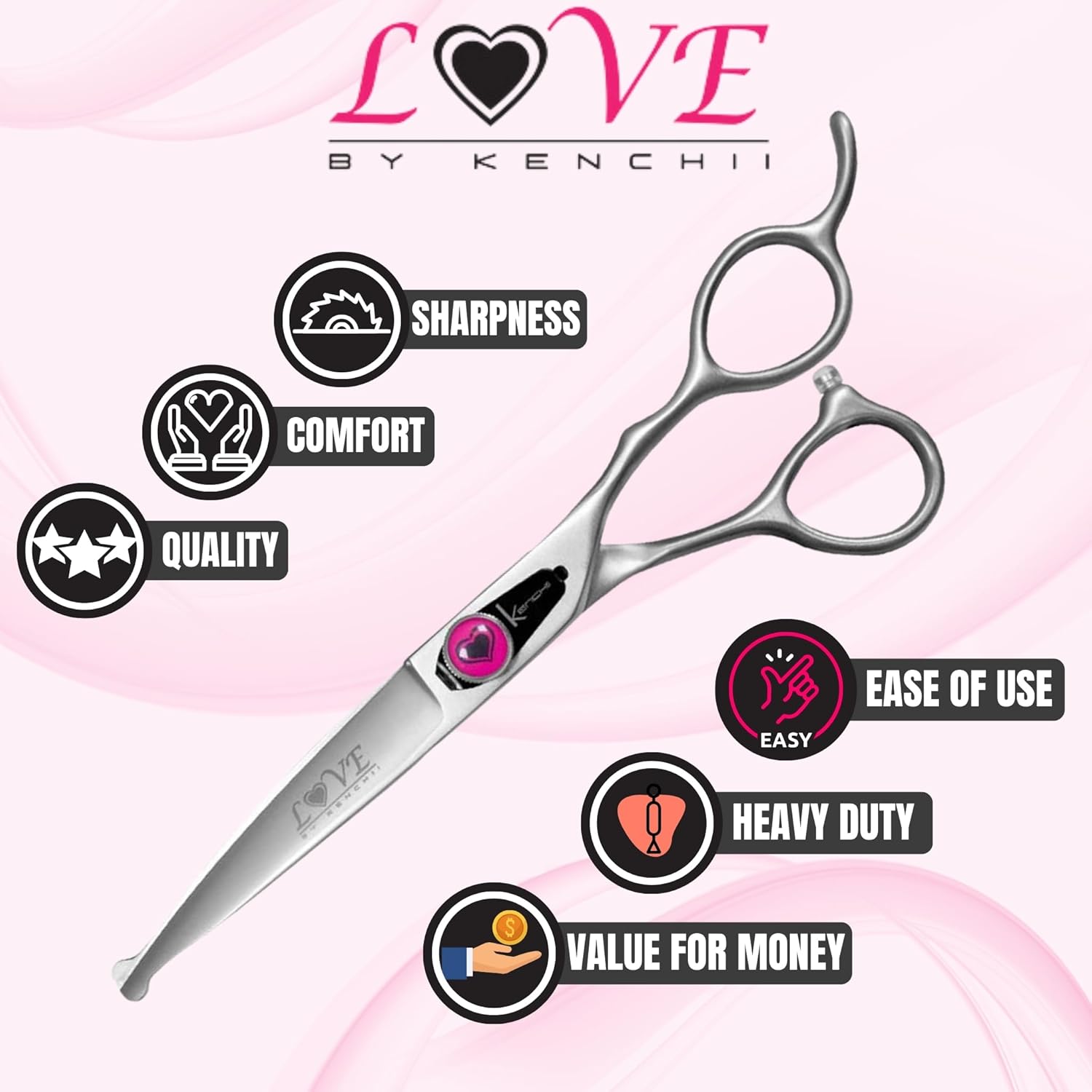 Kenchii Love Dog Grooming Scissors, 6.5 Inch Curved Ball tip Shears, Dog Scissors for Grooming