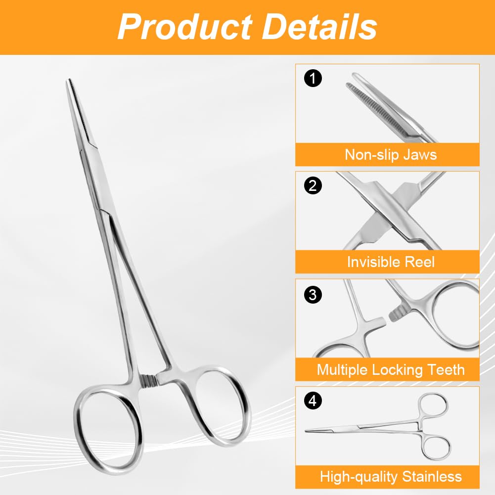 Ainiv 2 Piece Hemostat Curved and Straight Stainless-Steel Self-Locking Fishing Forceps Piercing Remover Tool Piercing Grabber Tool for Nurses Pet Grooming Care Fishing DIY Crafting(5")