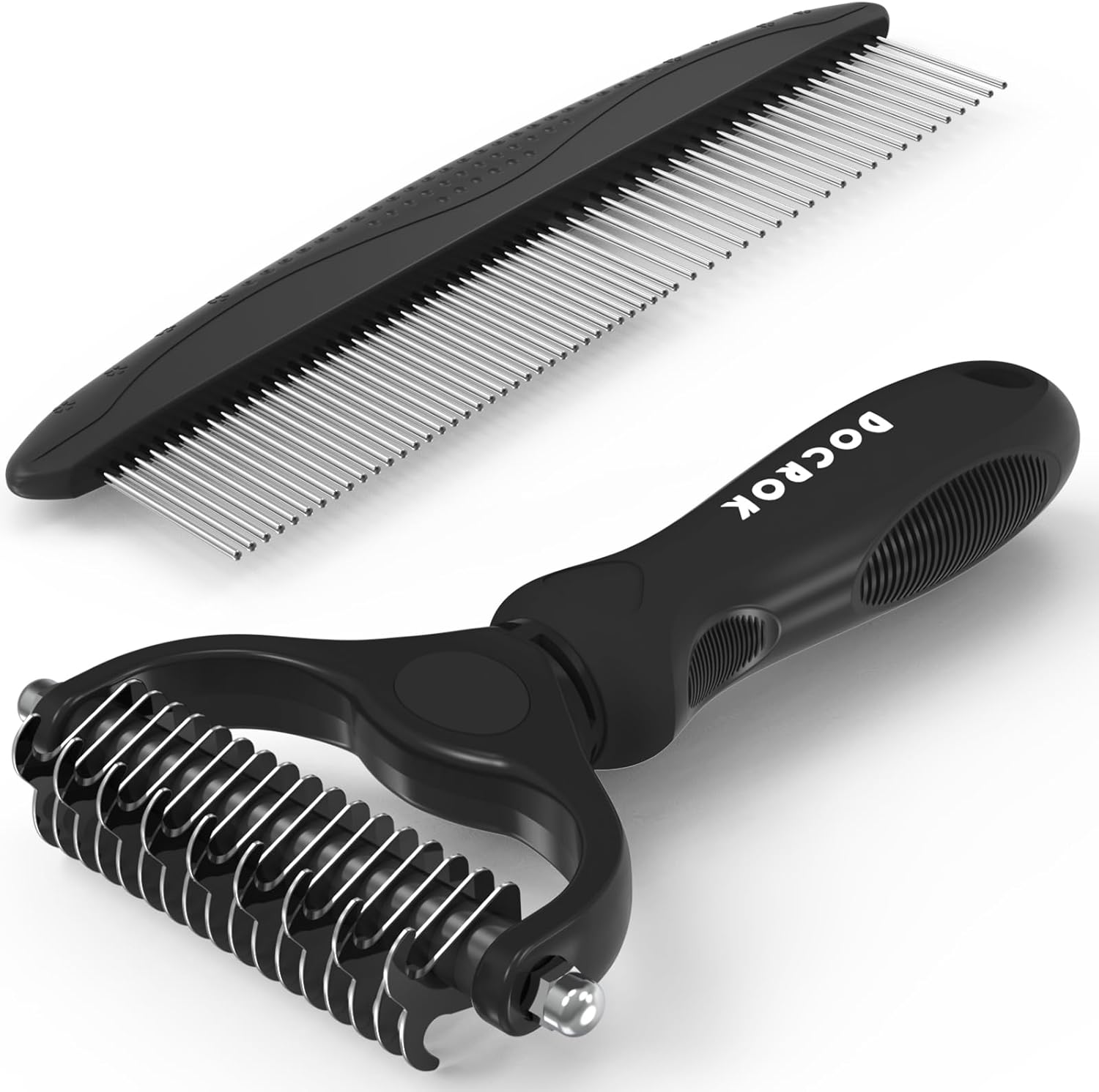 Pet Grooming Combo - Blue De-shedding Brush with Metal Comb for Detangling and Dematting Long, Matted Fur on Cats and Dogs
