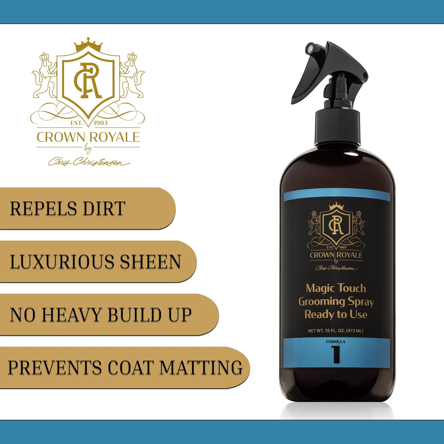 Crown Royale Magic Touch Formula 1 Pet Grooming Spray Ready-to-Use, No Heavy Build-Up, Finishing Spray, Prevents Coat Matting, Formulated with Conditioners, Made in USA, 16 oz