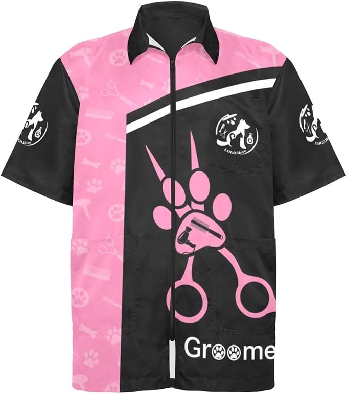 Cowcute Custom Pet Grooming Smocks for Groomer, Personalized Logo Dog Grooming Jackets Work Shirt Uniform Waterproof Workwear