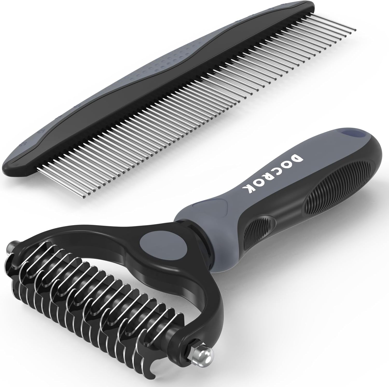 Pet Grooming Combo - Blue De-shedding Brush with Metal Comb for Detangling and Dematting Long, Matted Fur on Cats and Dogs