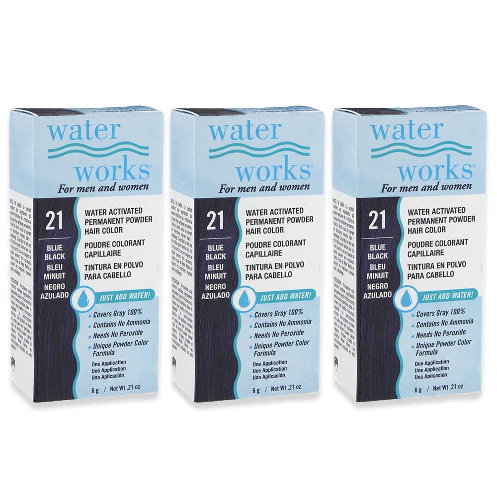 Water Works Hair Color Powder, Blue Black – Permanent Hair Dye for Root Touch-Up & Full Coverage, 3 Pack
