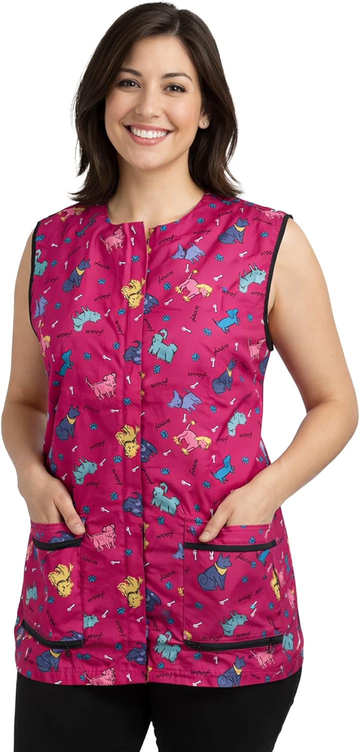 Ladybird Line 711 (large ) Pink Dog Design Waterproof Pet Grooming Vest, Hair and Bleach Resistant, Covered Zipper Panel, Mesh Back, Adjustable Back Tie Belt, 2 Front Pockets, Pet Groomers and Vet Clinics