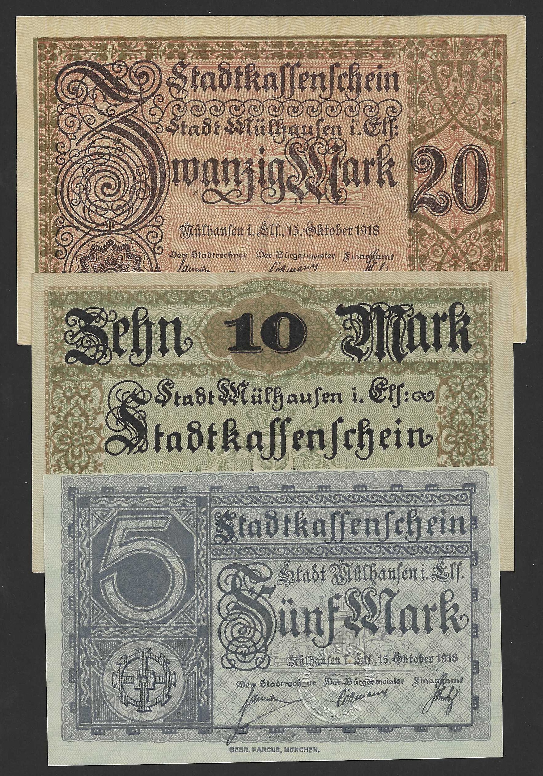 Set 5,10 y 20 Marcos 1918 Estado de Mülhaufen EBC/SC