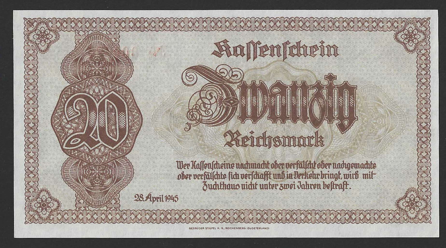 Alemania 20 Reichsmark 1945 Pick 187 SC. Número Bajo