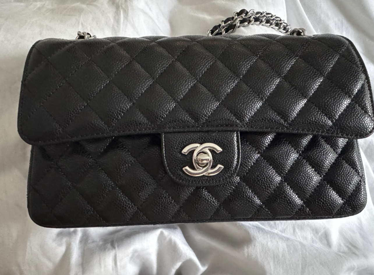 Grand sac classique, Veau grainé & argent, noir