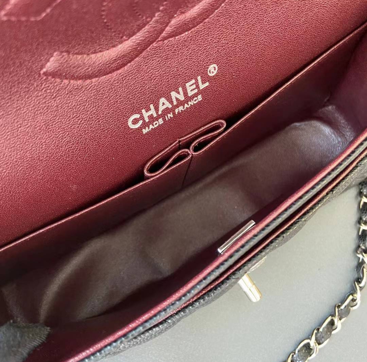 Grand sac classique, Veau grainé & argent, noir