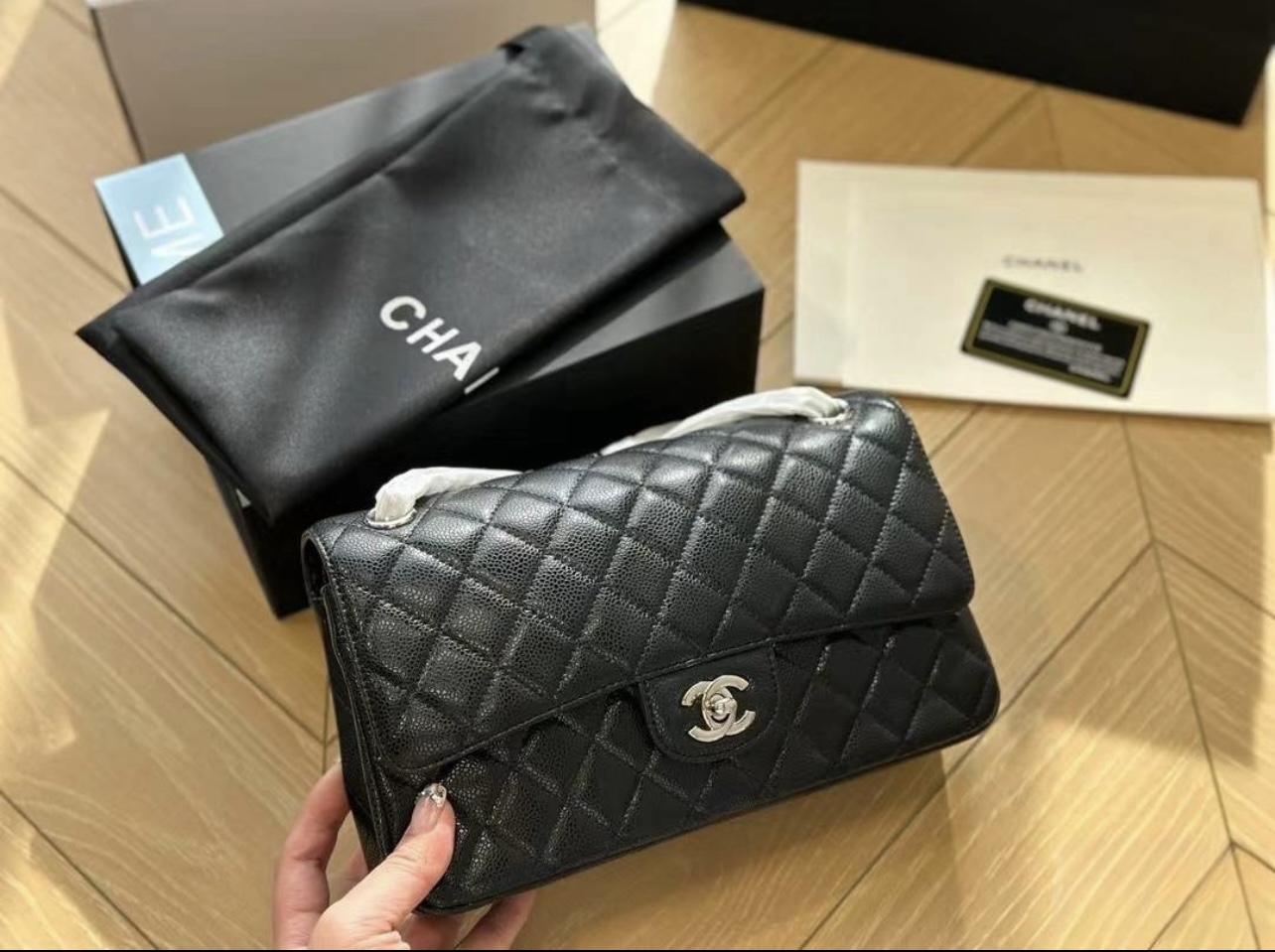 Grand sac classique, Veau grainé & argent, noir