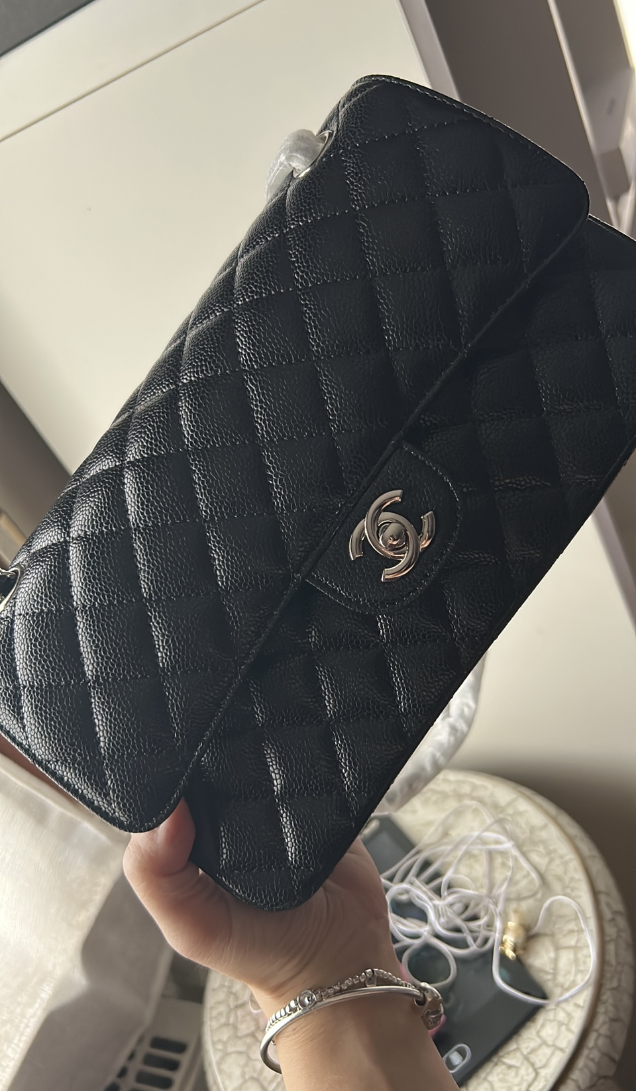 Grand sac classique, Veau grainé & argent, noir
