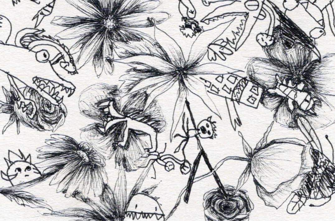 Monsters and Flowers Ink Art Drawing