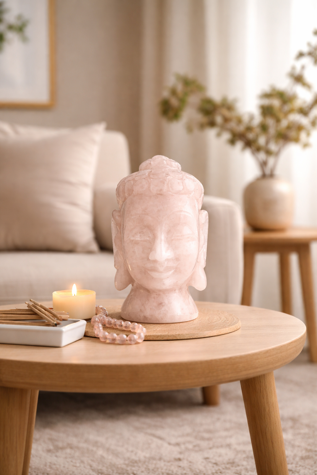 Serenity Rose Quartz Buddha Head – Healing Crystal Décor Sculpture