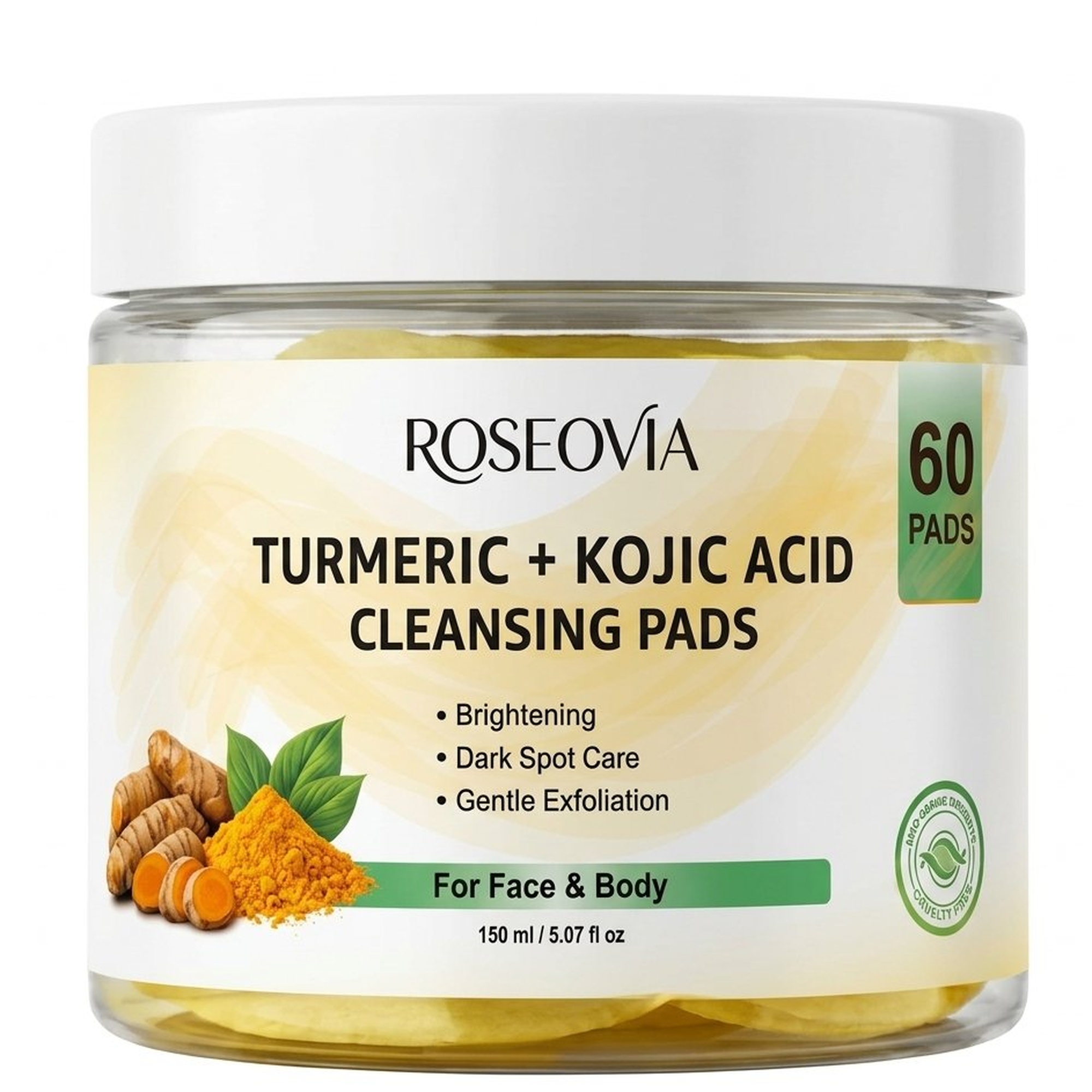 ROSEOVIA Turmeric Kojic Acid Cleansing Pads for Face and Body (60 Count)