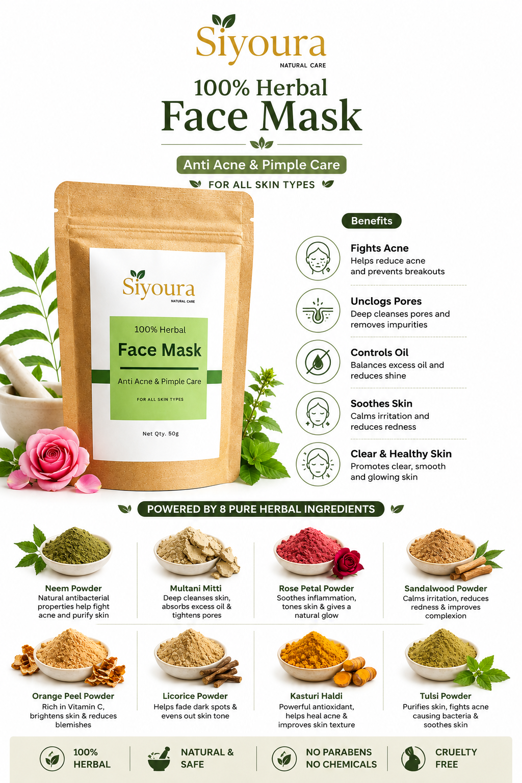 Anti Acne & Pimple Care Face Mask | 100% Herbal Face Mask | 50g