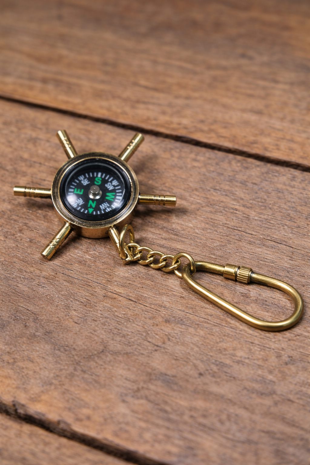 Vintage Nautical Compass Keychain with Brass Ship Wheel Design