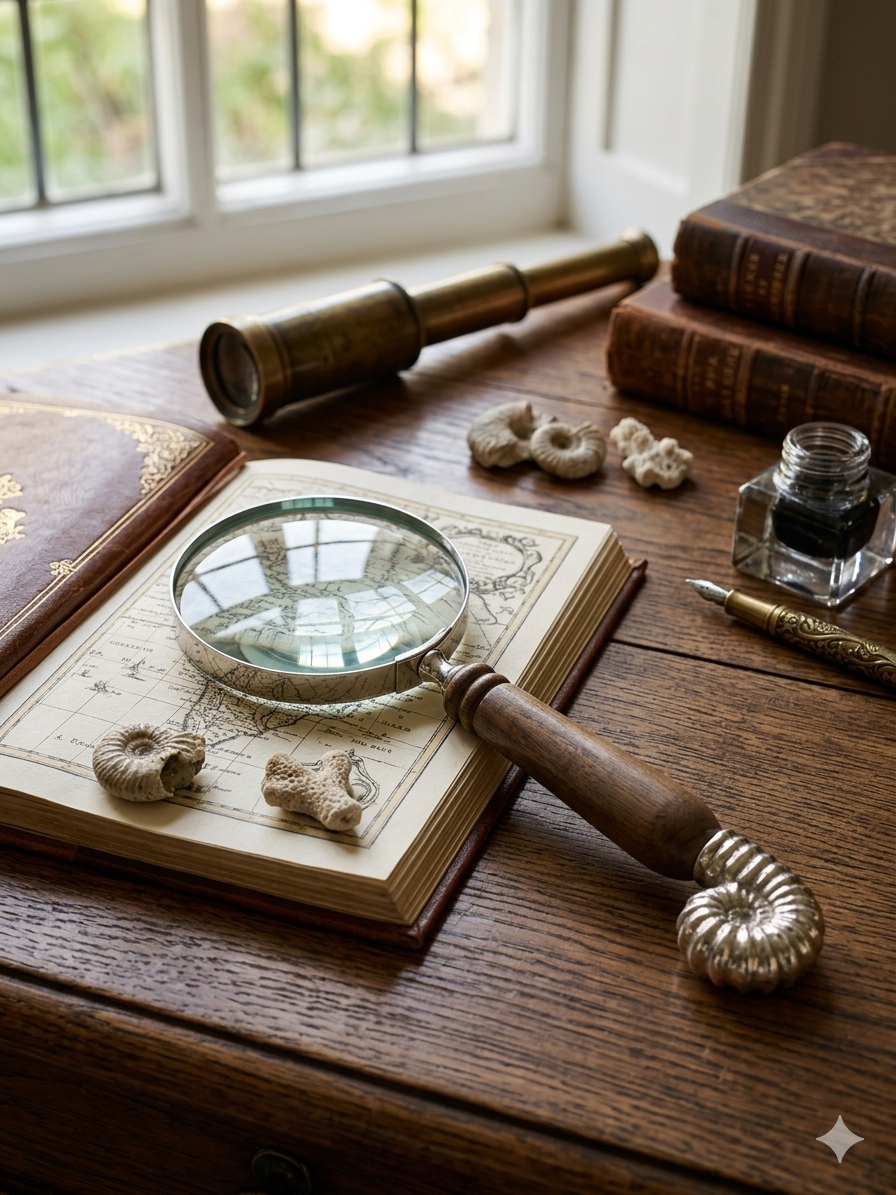 The Nautilus Explorer: Handcrafted Wood and Silver Ammonite Magnifying Glass