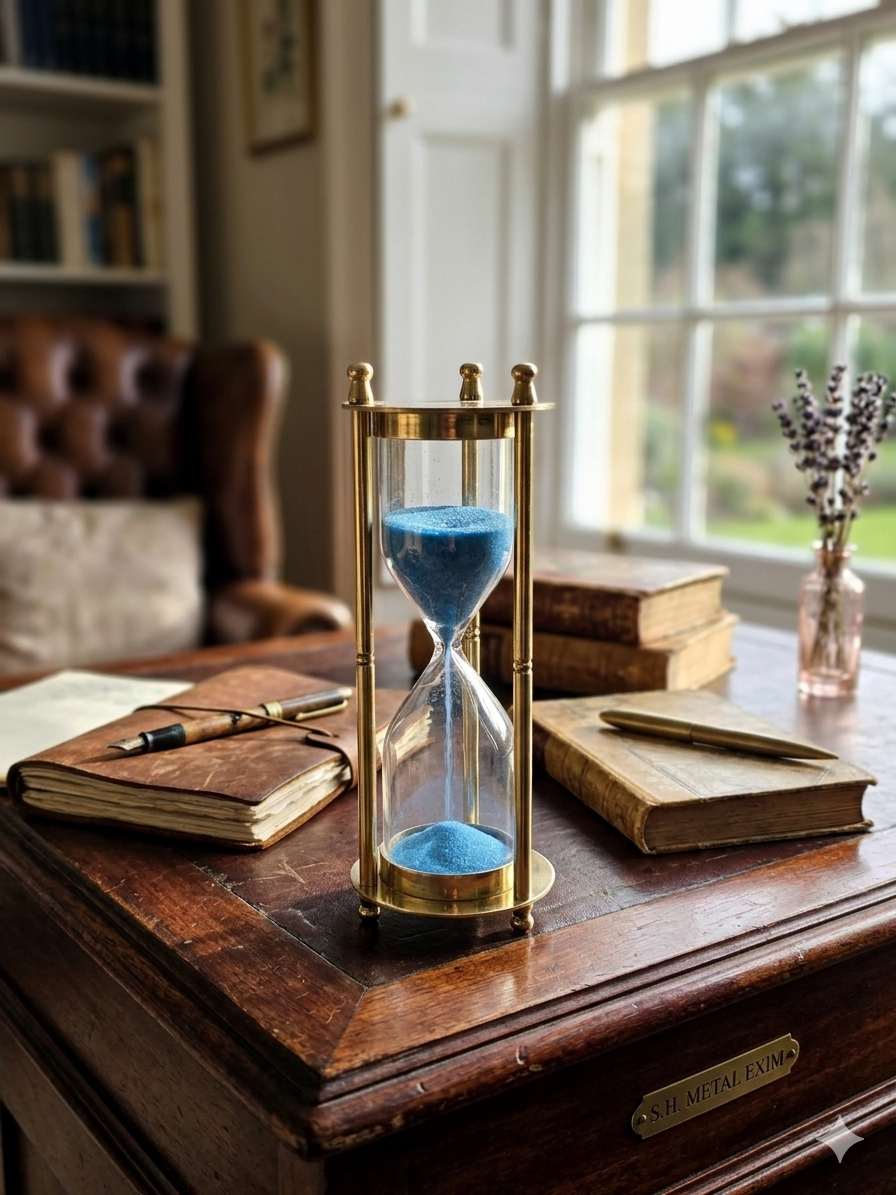 Hand-Crafted Brass Hourglass with blue sand