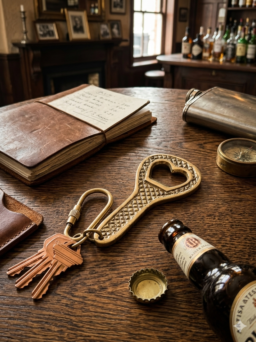 Intricate Heart-Cutout Brass Bottle Opener Keychain