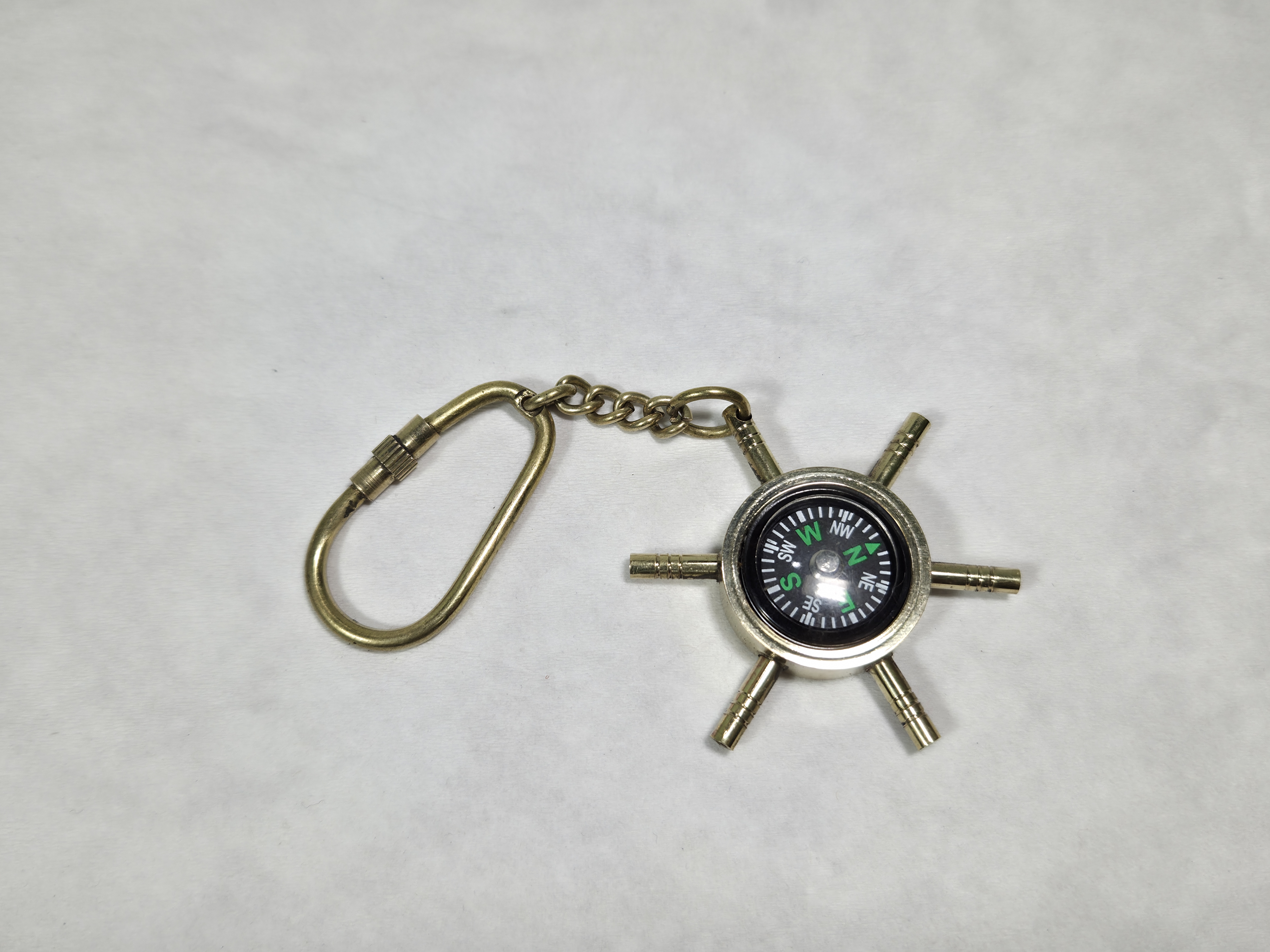 Vintage Nautical Compass Keychain with Brass Ship Wheel Design