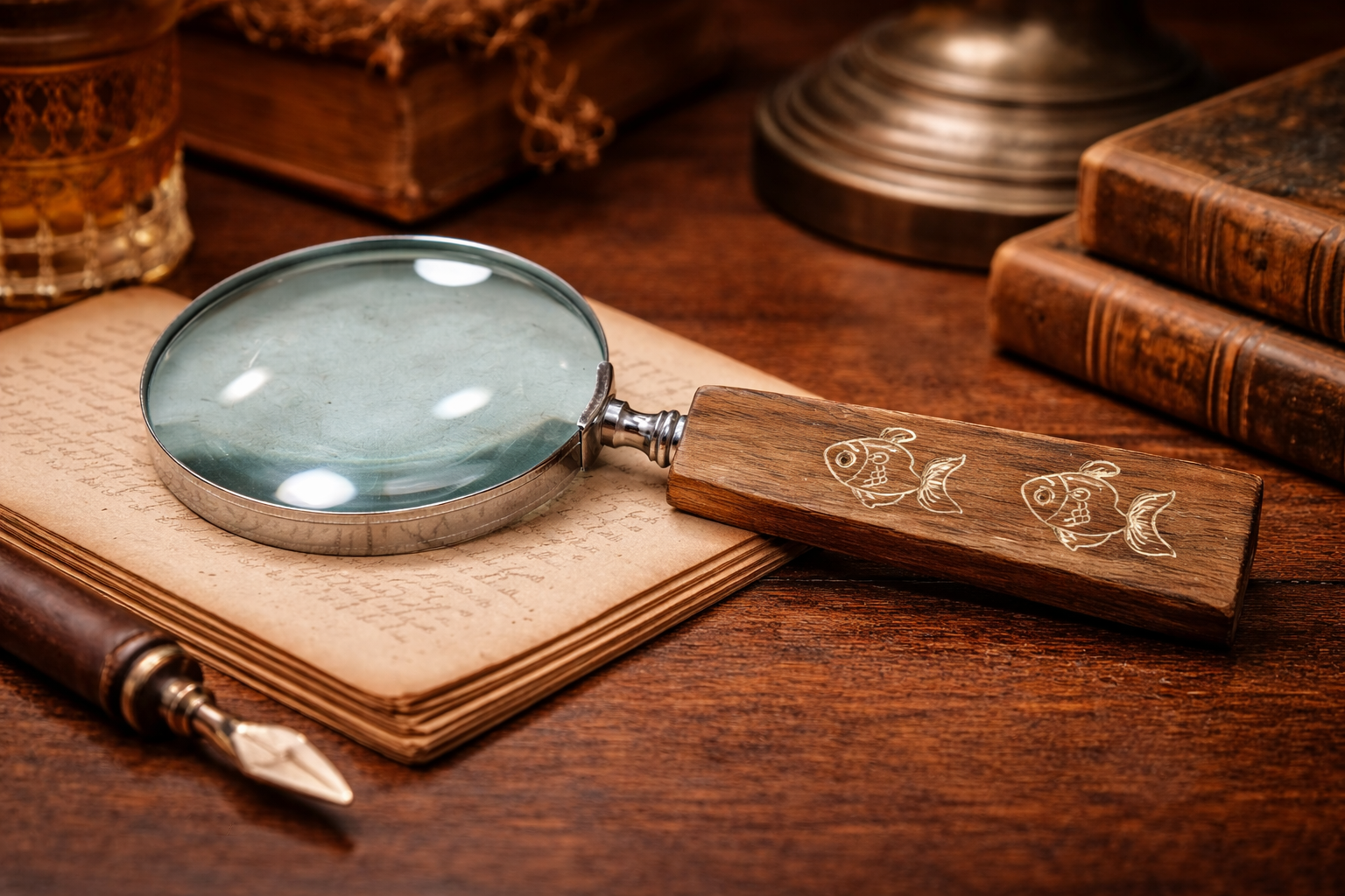 Premium magnifying glass with a wooden handle with printed fish .