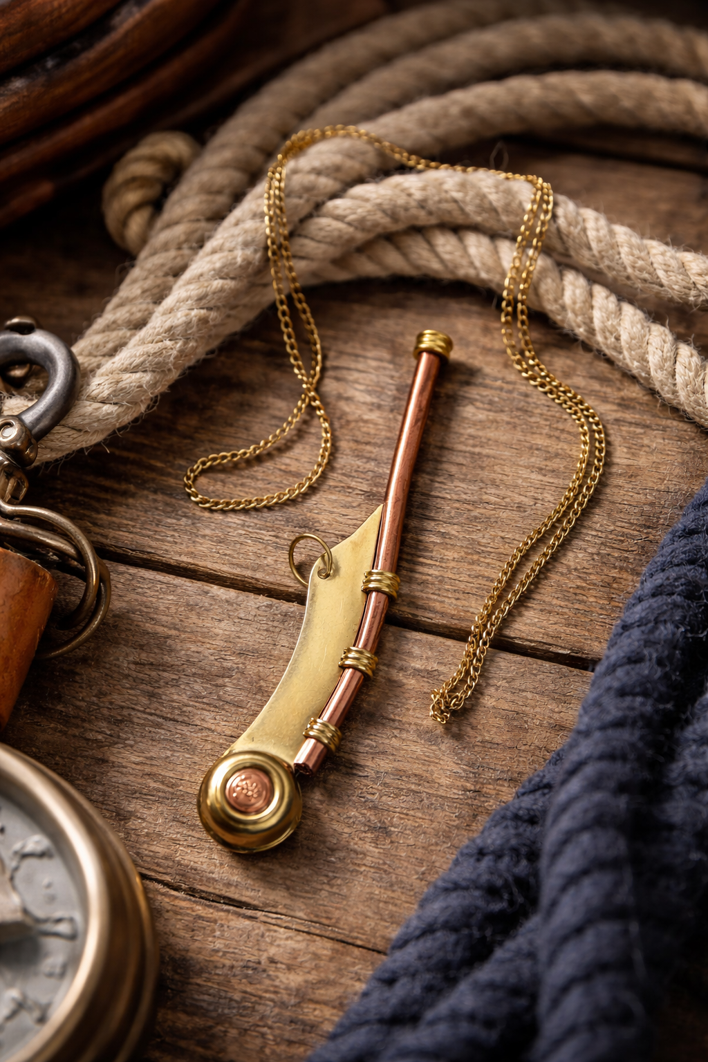 Nautical Boatswain’s Whistle Chain – Vintage Brass & Copper Maritime Necklace