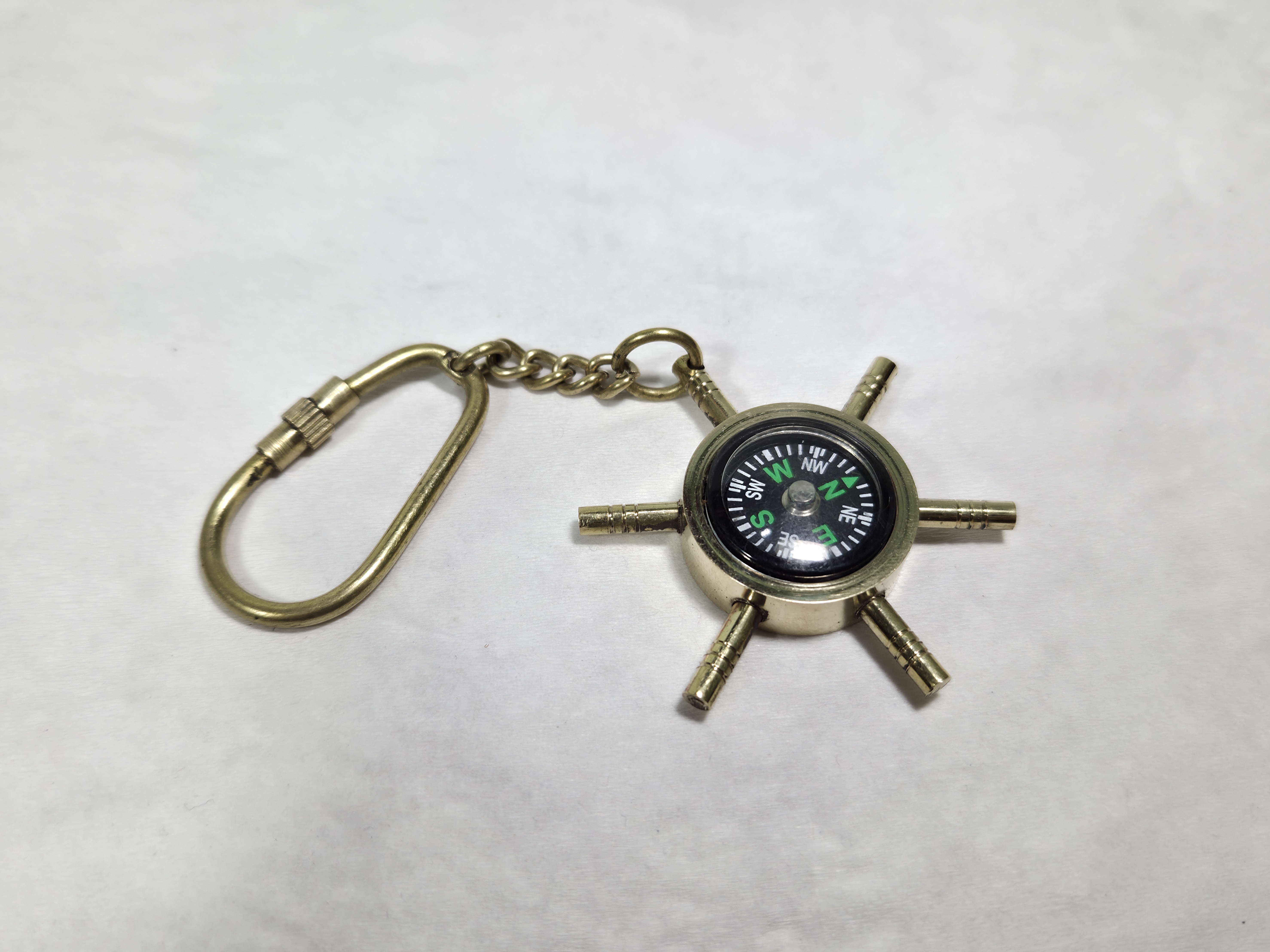 Vintage Nautical Compass Keychain with Brass Ship Wheel Design