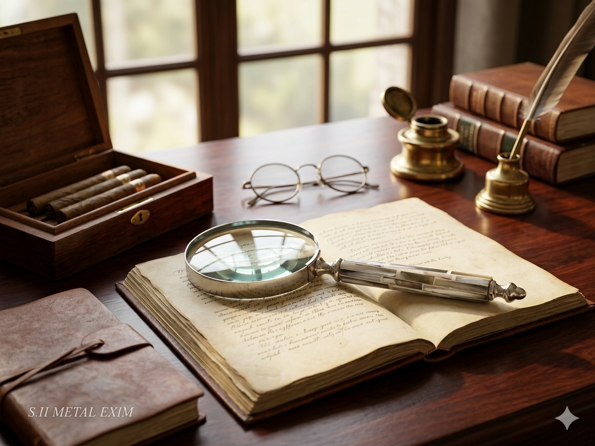 A curated collection of vintage curiosities magnifying glass.